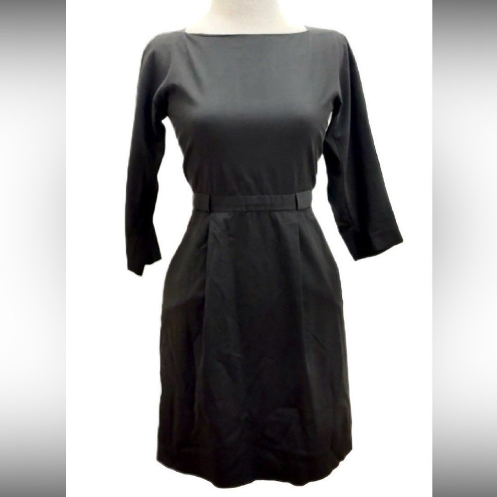 Theory Pinstripe Wool Cotton Pleated Sabrina Boat Neck Knee Dress Size 4